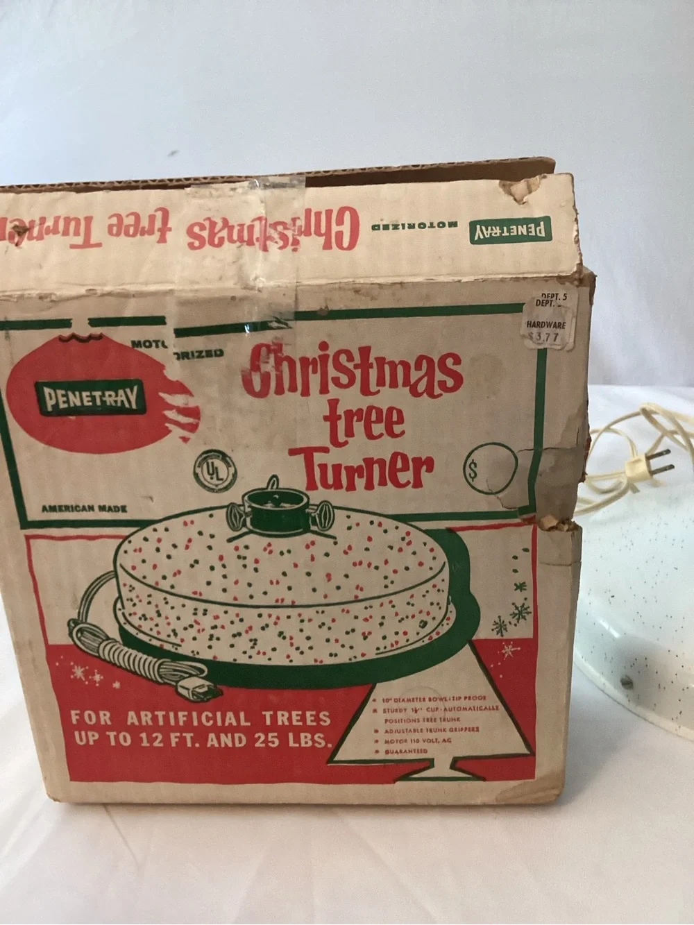 Vintage Working White Speckled Christmas Tree Turner in Box Holiday Core, Retro